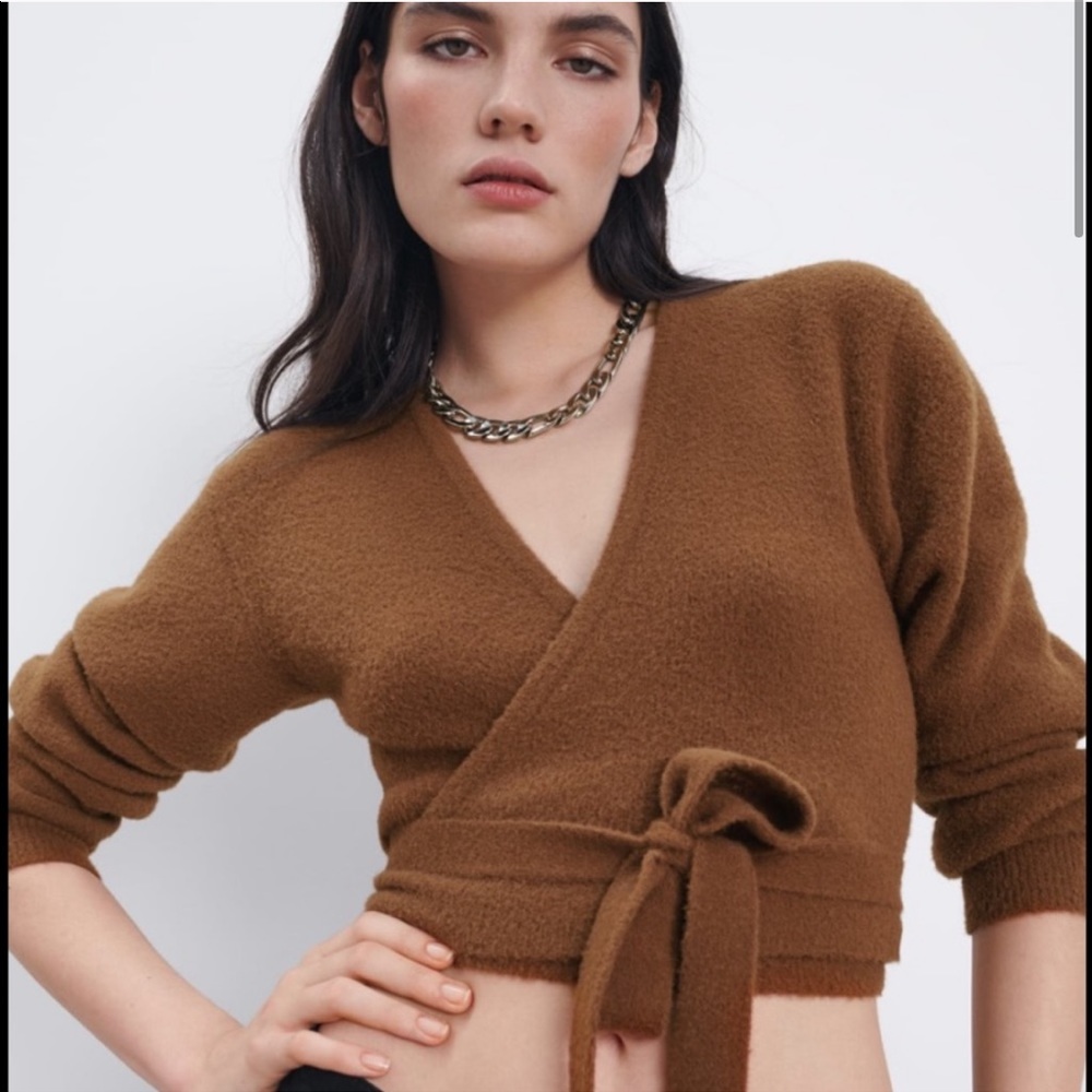 Zara Brown Wrap V-Neck Sweater